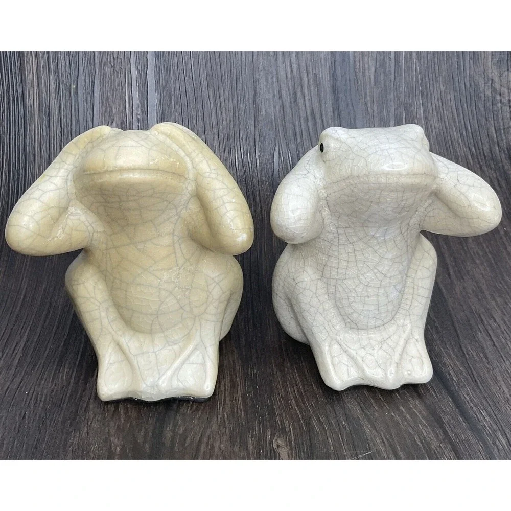 Ivory Crackle Hear See No Evil Frogs Statue‎ 4